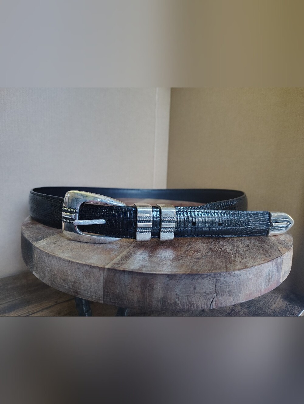 Black Textured Leather Men's Belt with Silver Buckle